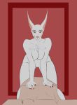  2021 5_fingers abstract_background albino ankh_tattoo anthro bent_over big_breasts biped breasts canid canine canis claws dominant dominant_female ear_piercing ear_ring executioner female femme_fatale fingers first_person_view genitals hi_res hraath imminent_decapitation imminent_execution industrial_piercing jackal long_claws looking_at_viewer mammal navel nude_anthro nude_female nuit_(anapnea) peril piercing pink_nose pussy red_claws red_eyes red_sclera ring_piercing scar snout solo tattoo 