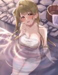  1girl bath bathing blush breasts brown_eyes brown_hair bucket cleavage collarbone covering_privates hashtag-only_commentary highres holding holding_towel large_breasts long_hair looking_at_viewer love_live! love_live!_school_idol_project mei_hinamatsu minami_kotori nude_cover one_side_up onsen open_mouth partially_submerged single_hair_ring sitting smile solo stone_floor teeth towel water wet wet_hair wet_towel white_towel wooden_bucket yellow_eyes 