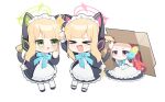  &gt;_&lt; 3girls animal_ear_headphones animal_ears apron black_dress black_footwear blonde_hair blue_archive blush bow cat_ears closed_mouth dress duster fake_animal_ears frilled_apron frills green_eyes green_halo hair_bow halo headphones highres holding holding_duster long_hair long_sleeves maid maid_headdress midori_(blue_archive) midori_(maid)_(blue_archive) momoi_(blue_archive) momoi_(maid)_(blue_archive) multiple_girls official_alternate_costume open_mouth pantyhose pink_halo purple_eyes red_hair sayun_(5_to_16_) shoes short_hair siblings simple_background sisters smile twins white_apron white_background white_bow white_pantyhose yuzu_(blue_archive) yuzu_(maid)_(blue_archive) 