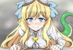  1girl blonde_hair blue_eyes blush breasts closed_mouth goggles goggles_on_head grey_background hair_ribbon jashin-chan jashin-chan_dropkick lamia long_hair looking_at_viewer medium_breasts monster_girl ribbon simple_background smile solo user_sfct5282 