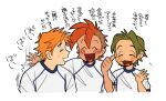  3boys ^_^ blush_stickers closed_eyes cropped_torso dot_nose green_hair happy heart heart_in_mouth humanization jose_carioca male_focus motion_lines multiple_boys open_mouth orange_hair panchito_pistoles patting_back red_hair robin_hood_(disney) robin_hood_(disney)_(character) shirt short_hair sweatdrop t-shirt the_three_caballeros thumbs_up translation_request uochandayo waving 