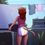  anthro arzdin balcony clothed clothes_line clothing diaper doing_laundry domestic_cat felid feline felis female laundry laundry_basket mammal outside plant sky solo standing tree wearing_diaper 