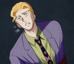  1boy blonde_hair blood blue_eyes bound bruise bruise_on_face cheekbones clenched_teeth commentary_request constricted_pupils diamond_wa_kudakenai frown green_skirt highres injury jacket jojo_no_kimyou_na_bouken kira_yoshikage male_focus necktie nosebleed purple_jacket purple_suit rope shirt skirt solo striped_clothes striped_shirt suit sweat takumi1230g teeth tied_up_(nonsexual) upper_body 