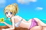  ass ayase_eli bad_anatomy bikini blonde_hair blue_eyes flower long_hair love_live! love_live!_school_idol_project lying on_stomach ponytail solo swimsuit tranquilizer_(bestcenter) 