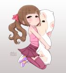  1girl artist_logo bare_arms bare_shoulders blush brown_eyes brown_hair camisole child closed_mouth commentary dakimakura_(object) english_commentary gradient_background grey_background hair_ribbon half-closed_eyes highres hugging_object long_hair looking_at_viewer miniskirt original pillow pink_camisole pinkbunnyjuice pleated_skirt purple_footwear red_ribbon red_skirt red_thighhighs ribbon shoes sidelocks skirt sneakers solo thighhighs twintails 
