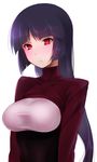  blush breasts framed_breasts hizuki_akira large_breasts natsume_(pokemon) pokemon purple_hair red_eyes shirt simple_background solo taut_clothes taut_shirt upper_body white_background 