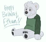  2018 animate_inanimate anthro bear birthday black_nose black_pawpads blue_outline blue_text bottomless brown_eyes character_name clothed clothing digital_drawing_(artwork) digital_media_(artwork) dot_eyes english_text flat_colors full-length_portrait green_clothing green_hoodie green_topwear handpaw handwritten_text happy_birthday hindpaw hoodie jaspering living_plushie male mammal outline pawpads paws pink_inner_ear plushie polar_bear portrait round_ears simple_background sitting smile snout solo stitch_(sewing) tail text topwear ursine watermark white_background white_body 