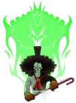  1boy absurdres afro ascot black_hair brook_(one_piece) can cropped_torso crown english_commentary glint gloves hat highres holding holding_can holding_sword holding_weapon keysandcrosses looking_at_viewer male_focus one_piece red_ascot skeleton solo sword top_hat weapon 