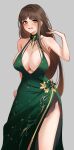  1girl bare_shoulders black_survival blush breasts brown_hair charon_(duddnd2361) cleavage clover-shaped_pupils dress eternal_return:_black_survival evening_gown green_dress green_eyes grey_background gweon_sua highres jewelry large_breasts long_hair looking_at_viewer necklace plunging_neckline side_slit simple_background sleeveless sleeveless_dress smile solo symbol-shaped_pupils 