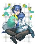  1boy blue_hair blue_nails blue_scarf closed_eyes fins fish_tail grid_background happy headset holding holding_stuffed_toy ikea_shark kaito_(vocaloid) long_sleeves male_focus nidu_(2du_du) open_mouth scarf shark shark_tail short_hair sitting stuffed_animal stuffed_shark stuffed_toy tail vocaloid 