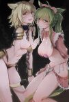  2girls absurdres ahoge armor arms_behind_back between_breasts between_legs bikini_armor black_background blonde_hair braid breasts brh cat_girl chain chain_between_breasts clenched_teeth collar collarbone condom condom_belt crying crying_with_eyes_open facial_mark feet_out_of_frame final_fantasy final_fantasy_xiv green_hair highres large_breasts long_hair looking_at_viewer multiple_girls navel open_mouth pasties pelvic_curtain ponytail purple_eyes red_eyes saliva short_hair stomach sweat tail tail_between_legs tears teeth used_condom whisker_markings wrist_cuffs 