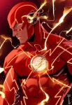  1boy blue_eyes bodysuit covered_abs dc_comics highres lightning lightning_bolt_symbol red_bodysuit sergacuna signature solo the_flash the_flash_(series) upper_body 