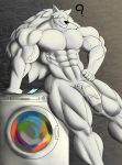 abs anthro appliance biceps big_muscles big_penis black_nose canid canine canis electronics flaccid fur genitals hair hair_over_eyes hand_on_hip hi_res humanoid_genitalia humanoid_penis laundry_machine leaning leaning_on_object light_body light_fur long_hair male mammal muscular muscular_anthro muscular_male muscular_thighs nude pecs penis phone pose question_mark solo standing thick_thighs triceps vein veiny_arms veiny_penis washing_machine white_body white_fur wolf wolfblack43
