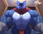  abs anthro asian_clothing bergamo biceps blue_body canid canine canis clothing dragon_ball east_asian_clothing fundoshi hi_res japanese_clothing looking_at_viewer male mammal muscular muscular_anthro muscular_male pecs reclamon underwear wolf 