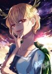  1girl antlers blonde_hair blue_shirt dragon_girl dragon_horns green_scales highres horns katayama_kei kicchou_yachie looking_at_viewer open_mouth red_eyes scales shirt short_hair smile solo square_neckline touhou turtle_shell yellow_horns 