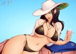  1girl bikini black_bikini black_hair blue_background blue_eyes breasts closed_mouth cup curvy cushion drink drinking_glass eightyfourart gold_trim hat highres holding holding_cup index_finger_raised jewelry large_breasts lips lying navel necklace nico_robin on_side one_piece patreon_logo red_lips red_nails shrug_(clothing) signature smile solo stomach sun_hat swimsuit thighs white_hat 