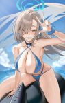  1girl absurdres asuna_(blue_archive) bare_arms bare_legs bare_shoulders bikini blue_archive blue_bikini blue_eyes blue_halo blue_nails blue_ribbon blue_scrunchie blush breasts cleavage collarbone day fingernails grin hair_over_one_eye hair_ribbon halo highres large_breasts light_brown_hair long_hair looking_at_viewer nail_polish ojisan_kamo_shiremasen outdoors ribbon scrunchie sitting smile solo swimsuit wrist_scrunchie 