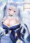  1girl absurdres animal_ear_fluff animal_ears azur_lane bare_shoulders blue_collar blue_eyes blue_kimono blue_ribbon blue_sky bow breasts charm_(object) chestnut_mouth cleavage cloud collar collarbone cowboy_shot curvy detached_collar fluffy fox_ears fox_girl fox_tail grey_hair grey_tail hair_ornament hair_ribbon highres huge_breasts japanese_clothes kimono kitsune kyuubi large_tail layered_clothes layered_kimono leaning_to_the_side light_blush long_hair multiple_tails open_mouth ribbon shinano_(azur_lane) sidelocks sky solo tail tassel tsuri_pi twintails very_long_hair white_hair white_tail 