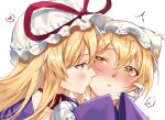  2girls ^^^ blonde_hair blush choker closed_mouth commentary_request gloves hand_on_another&#039;s_cheek hand_on_another&#039;s_face hat hat_ribbon heart kirisita kiss kissing_cheek long_hair looking_at_another mob_cap multiple_girls portrait red_ribbon ribbon ribbon_choker simple_background touhou white_background white_gloves white_hat yakumo_ran yakumo_yukari yellow_eyes yuri 