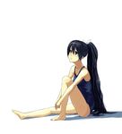  bad_id bad_pixiv_id bare_legs bare_shoulders barefoot black_hair ganaha_hibiki green_eyes highres idolmaster idolmaster_(classic) long_hair one-piece_swimsuit parted_lips ponytail school_swimsuit setsuo_(chohonsoku) sitting sketch solo swimsuit very_long_hair wet 