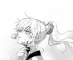  1girl blood blood_on_face blood_on_neck cuts dying fate/grand_order fate/samurai_remnant fate_(series) floating_hair from_side grey_hair hand_on_own_throat injury japanese_clothes lone_nape_hair looking_up mo_(aabx315) monochrome parted_lips ponytail portrait solo yui_shousetsu_(fate) 