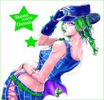  bad_id bad_pixiv_id blue_eyes braid double_bun green_hair green_lipstick hat jojo_no_kimyou_na_bouken kuujou_jolyne lipstick makeup midriff multicolored_hair solo stone_ocean two-tone_hair waka54 