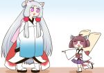  2girls :3 ahoge animal_ears blunt_bangs blush blush_stickers breasts brown_hair commentary_request curtained_hair fox_ears full_body furisode gradient_kimono grey_hair hands_in_opposite_sleeves headgear height_difference highres japanese_clothes kimono kiritanpo_(food) large_breasts long_hair looking_at_another looking_at_viewer multiple_girls no_pupils obi obiage obijime okobo open_mouth oversized_food oversized_object own_hands_together pigeon-toed pleated_skirt purple_eyes purple_skirt rantana_(lalalalackluster) sandals sash short_hair short_kimono short_twintails siblings sidelocks simple_background sisters skirt standing standing_on_one_leg touhoku_itako touhoku_kiritan twintails v-shaped_eyebrows very_long_hair voiceroid white_background white_kimono zouri 
