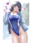  1girl black_hair blue_coat blue_one-piece_swimsuit blurry blurry_background blush breasts cleavage coat collarbone commentary_request competition_swimsuit covered_navel cowboy_shot grey_eyes highleg long_sleeves looking_at_viewer mashinatsu medium_breasts one-piece_swimsuit open_mouth original outdoors short_hair sidelocks smile solo standing swimsuit teeth translation_request tree 