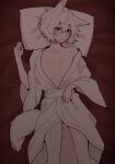  1641_(chfhrtor94) 1girl alternate_costume animal_ear_fluff animal_ears blush breasts breasts_apart collarbone commentary_request feet_out_of_frame hair_between_eyes inubashiri_momiji japanese_clothes kimono korean_commentary long_bangs looking_to_the_side lying medium_breasts on_back open_mouth red_eyes short_hair solo sweat tail touhou white_hair white_kimono wolf_ears wolf_girl wolf_tail 