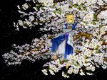  1girl armor armored_dress artoria_pendragon_(fate) blonde_hair blue_dress cherry_blossoms dress fate/stay_night fate_(series) full_body game_cg green_eyes nakamura_hirofumi smile solo traditional_media tree 