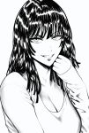  1girl absurdres aged_up black_hair breasts fubuki_(one-punch_man) greyscale hand_up highres long_hair looking_at_viewer monochrome mostlybluewyatt one-punch_man shirt smile t-shirt upper_body 