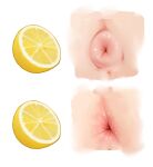  1girl anus food fruit highres lemon lemon_slice meme merrytail original puckered_anus pussy pussy_peek simple_background thour_(meme) white_background 