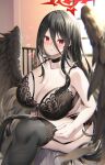  1girl bare_shoulders black_bra black_hair black_wings blue_archive blush bra breasts cleavage collarbone commission emanon123 feathered_wings halo hasumi_(blue_archive) highres huge_breasts long_hair looking_at_viewer navel pixiv_commission red_eyes revision solo thighhighs thighs underwear wings 