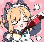  1girl :d animal_ear_headphones animal_ears apron arm_up black_dress blonde_hair blue_archive blush_stickers bottle brown_ribbon chibi closed_eyes coca-cola cola collared_dress cup dress facing_viewer fake_animal_ears hair_ribbon halo headphones highres holding holding_bottle holding_cup long_sleeves maid maid_apron maid_headdress momoi_(blue_archive) momoi_(maid)_(blue_archive) pink_background polka_dot polka_dot_background pouring puffy_long_sleeves puffy_sleeves res1dents1eeper ribbon simple_background smile soda_bottle solo tail translated upper_body white_apron 