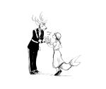  2024 6:5 anthro clapping clothing dancing deer deer_admiral_(hladilnik) dress duo female fin fish frown hi_res hladilnik larger_male lonely_shark_(hladilnik) male mammal marine monochrome patty_cake shark shark_tail size_difference smaller_female smile suite 
