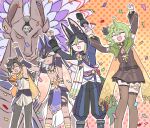  2girls 3boys ahoge animal_ears animal_hat arms_up asymmetrical_legwear baggy_pants black_hair cape carnival_phantasm clenched_hands closed_eyes closed_mouth collei_(genshin_impact) confetti crossed_bangs cyno_(genshin_impact) detached_sleeves dress egyptian_clothes facing_viewer feet_out_of_frame genshin_impact gloves green_eyes grey_hair hair_between_eyes hat highres himeko_(nico6v6pachi) long_hair medium_hair multicolored_hair multiple_boys multiple_girls nahida_(genshin_impact) open_mouth pants sethos_(genshin_impact) smile standing statue super_affection tail thighhighs tighnari_(genshin_impact) two-tone_hair uneven_legwear zettai_ryouiki 