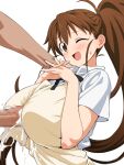  1boy 1girl blush breasts brown_eyes brown_hair censored collared_shirt cum cum_on_body cum_on_breasts ejaculation erection hetero high_ponytail huge_breasts loliconder long_hair looking_at_viewer one_eye_closed open_mouth penis shirt short_sleeves smile sweater_vest taneshima_popura wagnaria_uniform white_shirt working!! yellow_sweater_vest 
