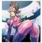  :o antenna_hair arm_support ass bent_over blue_eyes bodysuit breasts brown_hair cockpit earrings g_gundam god_gundam gundam hairband highres homare_(fool's_art) jewelry large_breasts legs looking_back mecha mobile_trace_suit open_mouth pink_bodysuit rain_mikamura screen short_hair sideboob skin_tight solo thighhighs thighs 