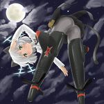  animal_ears ass bad_id bad_pixiv_id bad_proportions bent_over black_legwear blush cameltoe cat_ears cat_tail cloud crotch_seam dust_box full_moon green_eyes hirschgeweih_antennas leaning_forward moon necktie night pantyhose salute sanya_v_litvyak silver_hair skirt smile solo star_(sky) strike_witches striker_unit tail world_witches_series 