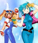  2girls :d allenby_beardsley animal_ears ass belt blue_bodysuit blue_hair blue_unitard bodysuit breasts brown_eyes commentary_request covered_navel covered_nipples cropped_jacket crossover fingerless_gloves g_gundam gloves goggles goggles_on_head green_eyes gundam jacket jewelry looking_at_viewer makihara_arina medium_breasts multiple_girls necklace one_eye_closed onnaski open_mouth rabbit_ears red_gloves short_hair skin_tight smile solo tongue tongue_out unitard v waku_waku_7 yellow_gloves 