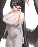  1girl absurdres black_choker black_hair black_nails black_wings blue_archive blush breasts choker cleavage closed_mouth ddog dongtan_dress halo hasumi_(blue_archive) high_ponytail highres huge_breasts large_wings long_hair looking_at_viewer meme_attire red_eyes red_halo simple_background solo very_long_hair white_background wings 