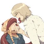  2girls absurdres after_kiss blonde_hair blush body_fur chimera covering_another&#039;s_eyes dragon_tail dungeon_meshi elf evaleen_d falin_touden falin_touden_(chimera) fangs highres long_tongue marcille_donato multiple_girls open_mouth pointy_ears saliva saliva_trail simple_background spoilers tail tail_wrap tongue upper_body yuri 