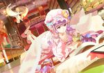  1girl blanket book bookshelf coat crescent doughnut downblouse dress floating food hair_ribbon hat legs_up library long_hair long_sleeves mouse open_clothes open_coat open_mouth patchouli_knowledge pink_footwear purple_dress purple_eyes purple_hair ribbon shoes slippers solo stick touhou tress_ribbon wide_sleeves 