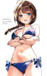  1girl ahoge bare_arms bare_legs bare_shoulders bikini blue_bikini blue_eyes blush braid breasts brown_hair cowboy_shot dated hair_flaps hanako_(peanut) highres kantai_collection large_breasts long_hair looking_at_viewer navel open_mouth shigure_(kancolle) shigure_kai_san_(kancolle) simple_background single_braid smile solo swimsuit white_background 