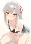  1girl alternate_costume black_camisole blush breasts brown_eyes camisole collarbone dolphin_shorts grey_hair grey_shorts grin hair_ribbon highres kantai_collection long_hair ponytail red_ribbon ribbon sakieko shorts small_breasts smile solo usugumo_(kancolle) 