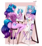 anthro artist blue_hair breasts brush butt clothed clothing curvy_figure cutie_mark digital_media_(artwork) equid equine female hair hasbro hi_res hooves horn horse izzy_moonbow_(mlp) legwear mammal mirror mirror_selfie mlp_g5 my_little_pony mythological_creature mythological_equine mythology nude pony purple_body purple_eyes rear_view self_portrait selfie simple_background smile solo thick_thighs thigh_highs unicorn wide_hips zhadart