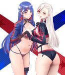  2girls ass bikini black_choker black_gloves blue_hair blush breasts brown_gloves choker cleavage cosplay fang fate/grand_order fate_(series) gloves grey_hair grin highres jeanne_d&#039;arc_alter_(fate) jeanne_d&#039;arc_alter_(swimsuit_berserker)_(fate) jeanne_d&#039;arc_alter_(swimsuit_berserker)_(fate)_(cosplay) kantai_collection large_breasts long_hair long_sleeves looking_at_viewer massachusetts_(kancolle) miyamoto_musashi_(fate) miyamoto_musashi_(swimsuit_berserker)_(fate) miyamoto_musashi_(swimsuit_berserker)_(second_ascension)_(fate) miyamoto_musashi_(swimsuit_berserker)_(second_ascension)_(fate)_(cosplay) multicolored_hair multiple_girls odachu open_mouth red_eyes red_hair skin_fang smile south_dakota_(kancolle) star_(symbol) streaked_hair swimsuit tongue tongue_out yellow_eyes 