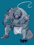  alphonse_elric armor blue_background full_armor fullmetal_alchemist hand_on_ground living_armor looking_at_viewer male_focus red_eyes simple_background solo uzuta 
