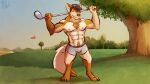  abs anthro biceps black_hair boxer_briefs brown_body brown_fur bulge canid canine canis cheek_tuft chest_tuft clothed clothing crotch_tuft digitigrade facial_tuft flag flexing flexing_bicep fur golf golf_club golf_course golf_tee hair hat headgear headwear hi_res male mammal muscular muscular_anthro muscular_male nails navel nipples pecs plant pose robotic_ear sky smile solo sport tail teeth topless topless_male tree tuft underwear ventkazemaru wolf 