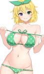  1girl :3 ass_visible_through_thighs bare_shoulders bikini bikini_pull bikini_top_pull blonde_hair blue_eyes blush body_blush bow breasts closed_mouth clothes_pull collarbone cowboy_shot green_bikini green_bow green_eyes groin hair_between_eyes hair_bow hair_ornament heterochromia highres large_breasts looking_at_viewer medium_hair navel polka_dot polka_dot_bikini pulling_own_clothes ryouna_(senran_kagura) senran_kagura senran_kagura_shinovi_versus shiny_skin short_hair simple_background smile solo strap_pull surippa1010 swimsuit white_background 